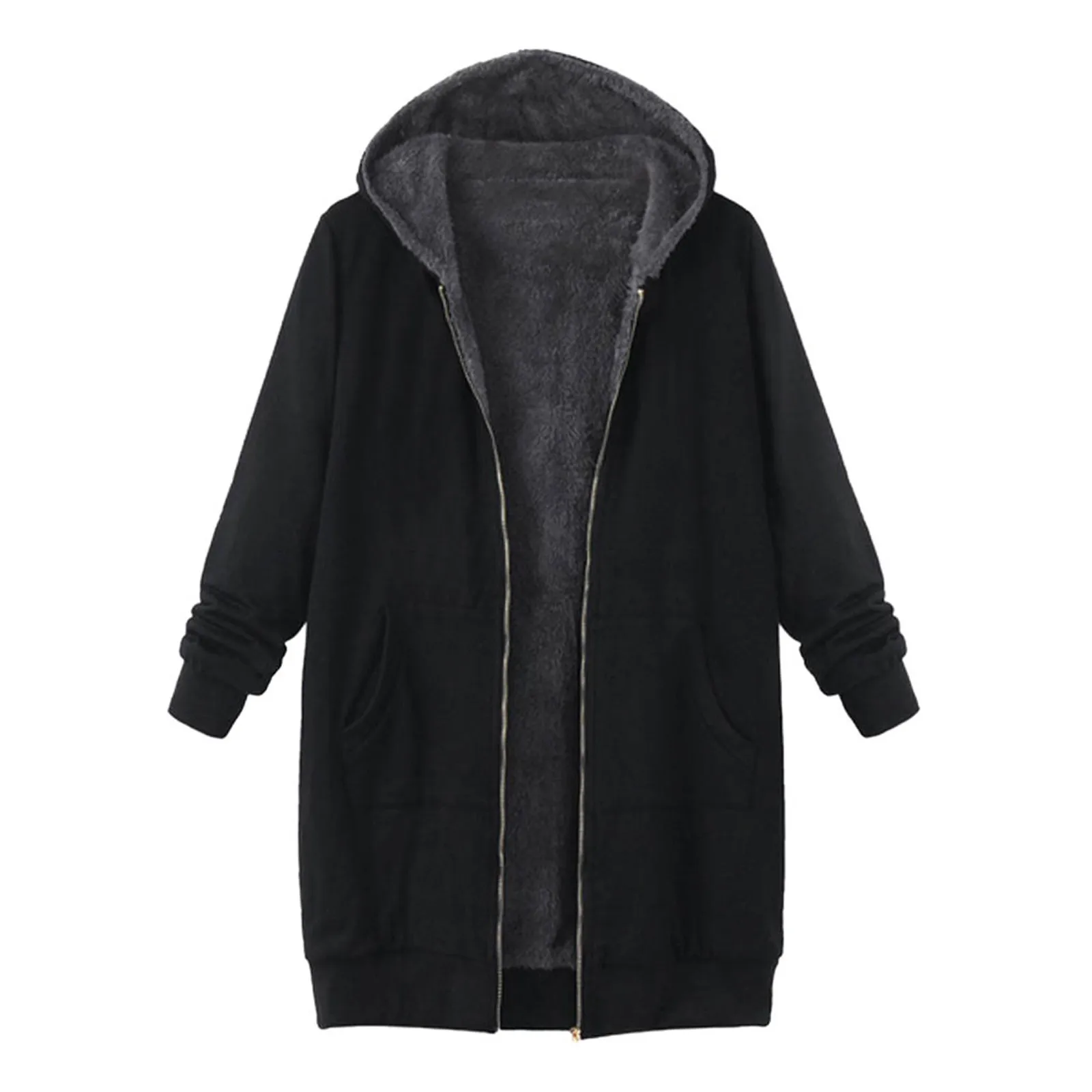 

Winter ladies retro polyester plus size zipper hooded plush coat comfortable solid wool hooded zipper thick coat